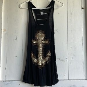 No longer available! Venus Black Tank Top with Gold sequin Anchor